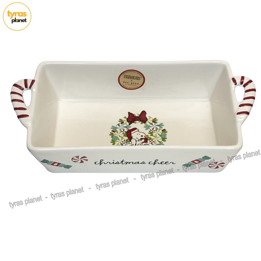 Peanuts Rae Dunn Snoopy Loaf Pan Christmas Cheer 11x4" Candy Cane Handles